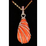 AN 18CT GOLD, CORAL AND DIAMOND PENDANT NECKLACE of 22cts.