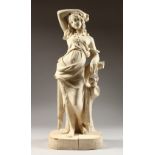 A PARIAN FIGURE OF A CLASSICAL YOUNG LADY, standing by a tree stump. 19ins high.