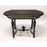 A 19TH CENTURY EBONISED AND BRASS INLAID CENTRE TABLE, the shaped top inlaid with cut brass and