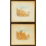 A PAIR OF FRAMED AND GLAZED CORK PICTURES OF CASTLES. Pictures: 6.5ins x 8.5ins.