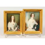 TWO GILT FRAMED MINIATURES OF LADIES. 4ins x 3ins.