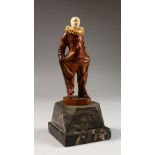 G. DANZMANN AN ART DECO PAINTED BRONZE FIGURE OF PIERROT, on a stepped marble base. 8.5ins high,