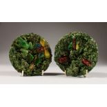 A PAIR OF PALISSY TYPE SMALL DISHES, decorated with insects and a frog. 4.5ins diameter.
