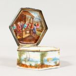 AN OCTAGONAL PORCELAIN BOX, the lid with figures outside an inn. 3ins.
