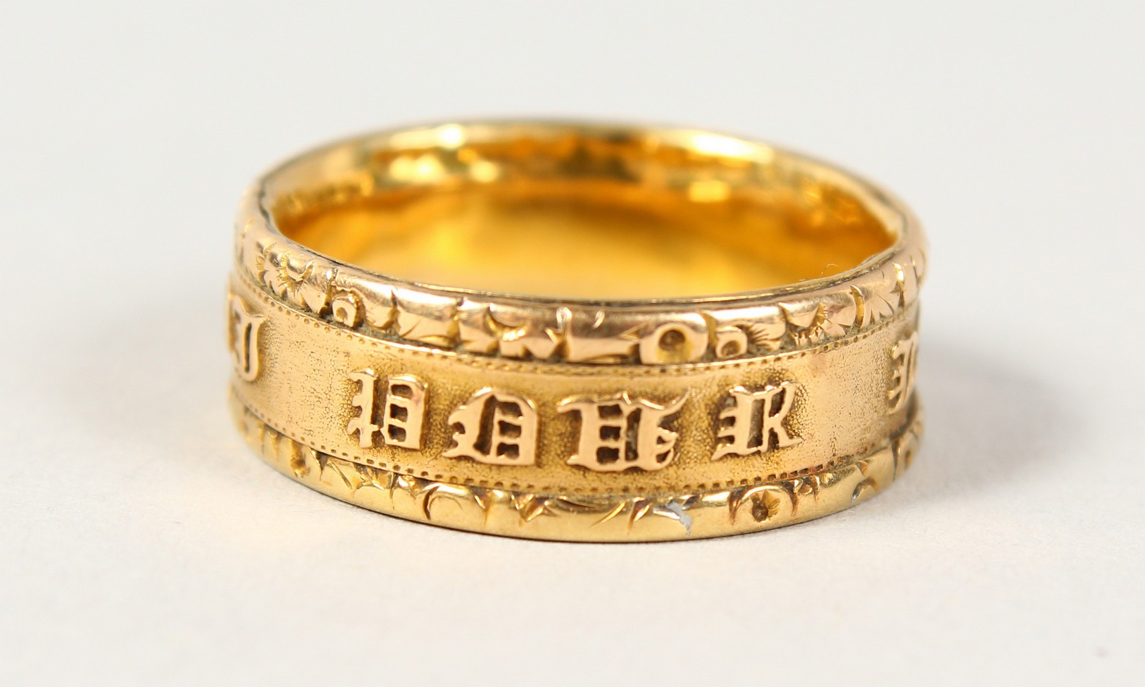 A 22CT GOLD WEDDING BAND, another gold ring with an inscription (2). - Image 4 of 11