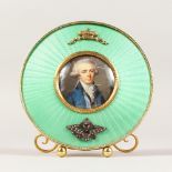 A SUPERB RUSSIAN "FABERGE" STYLE CIRCULAR SILVER GILT AND ENAMEL EASEL MIRROR, 4.75ins diameter, the