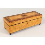 A GOOD 19TH CENTURY FRENCH MAPLE AND INLAID GLOVE BOX, with silk lining. 12.5ins long.