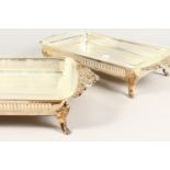 A PAIR OF RECTANGULAR SERVING DISHES, with glass liners. 20ins wide.