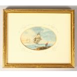 WATERCOLOUR OVAL, BOATS OFFSHORE. 3ins x 4.25ins.