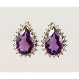 A PAIR OF 9CT GOLD, PEAR SHAPE AMETHYST AND DIAMOND EARRINGS.