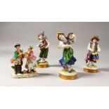 THREE SMALL PORCELAIN FIGURES OF URCHINS playing musical instruments, 5.5ins high, and A