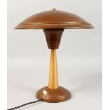 AN ART DECO TABLE LAMP, with circular shade and base. 14ins high.