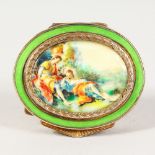 A SMALL FRENCH OVAL SNUFF BOX, the lid with a classical scene. 2ins.