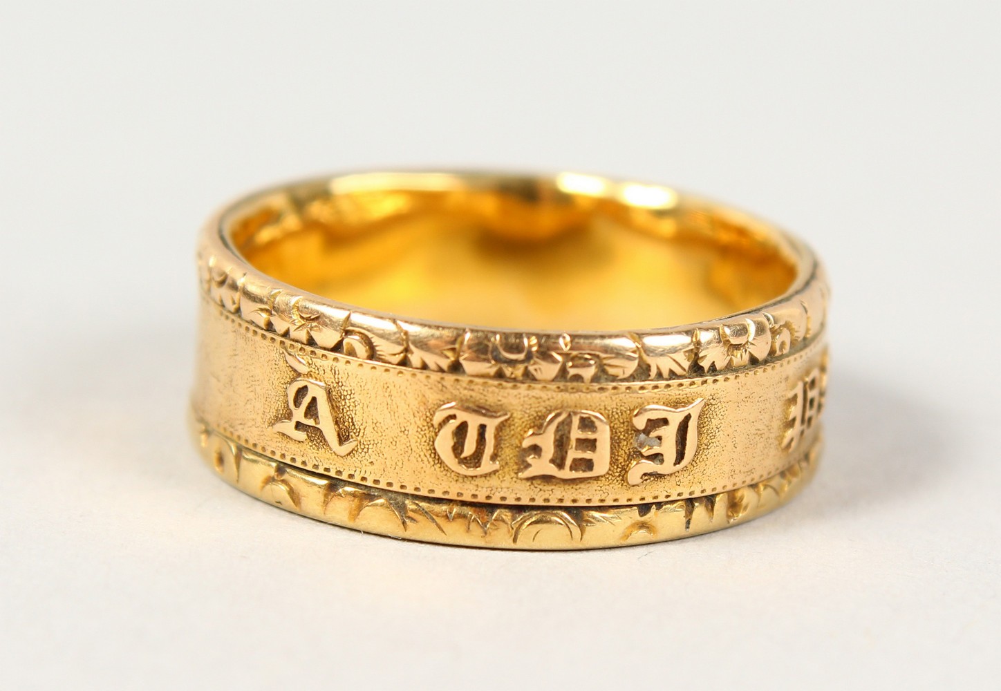 A 22CT GOLD WEDDING BAND, another gold ring with an inscription (2). - Image 3 of 11