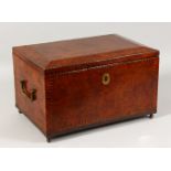 A 19TH CENTURY BURR WOOD CASKET, with chevron banded decoration, brass carrying handles, on ball