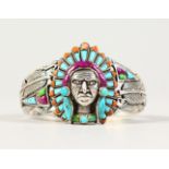 A SILVER, REAL OPAL AND ENAMEL INDIAN HEAD BRACELET.