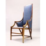 A MODERN MAHOGANY FRAMED AND UPHOLSTERED HIGH BACK ARMCHAIR, with open sides, on stretchered