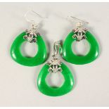 A SILVER AND JADE EARRING AND PENDANT SET.