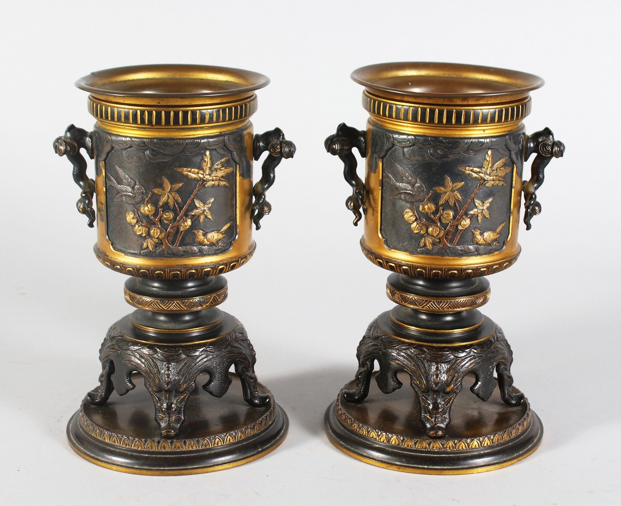 A GOOD PAIR OF EARLY 20TH CENTURY BARBEDIENNE & JAPANESE STYLE AESTHETIC MIXED METAL VASES, each