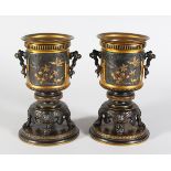 A GOOD PAIR OF EARLY 20TH CENTURY BARBEDIENNE & JAPANESE STYLE AESTHETIC MIXED METAL VASES, each