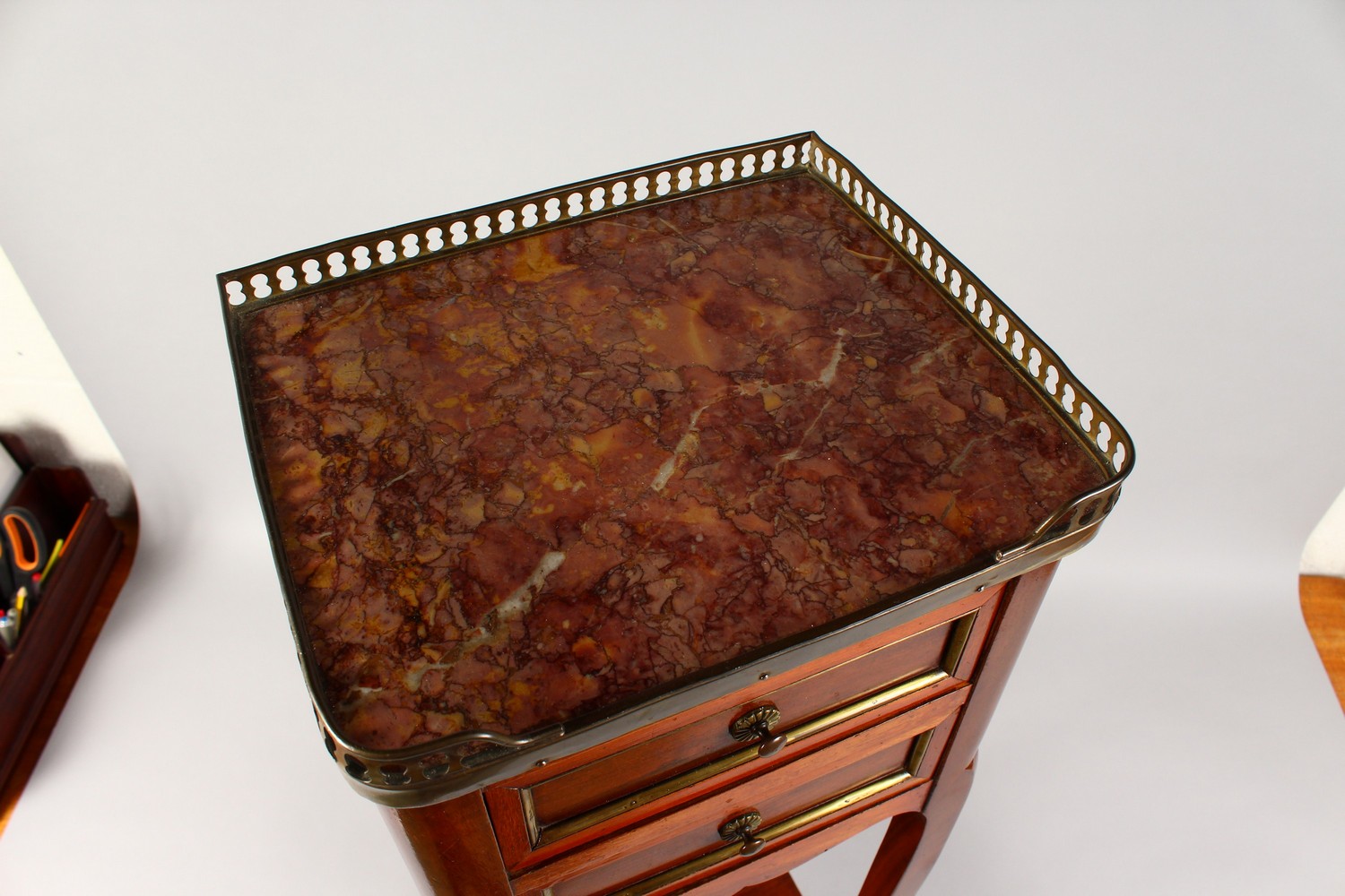 A LATE 19TH CENTURY FRENCH MAHOGANY MARBLE TOP TWO DRAWER PETIT COMMODE, the slender legs united - Image 2 of 6