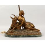 A 19TH CENTURY ORMOLU LAMP, modelled as a young girl feeding a goat, on an oval marble base. 14ins