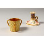 A MINIATURE COALPORT TYG and A MINTON CANDLESTICK (2).