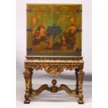 AN 18TH CENTURY DESIGN CHINOISERIE CABINET ON STAND, the upper section with two chinoiserie