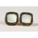 A GOOD PAIR OF 9CT GOLD, SAPPHIRE AND PEARL CUFFLINKS.