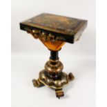 A VERY GOOD VICTORIAN PAPIER MACHE, MOTHER-OF-PEARL AND GILDED WORK TABLE, the rising top painted