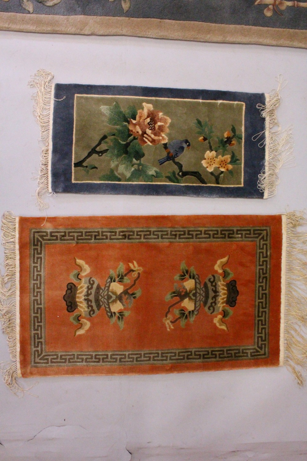 A CHINESE RUG, rust ground decorated with two urns; together with a Chinese mat. 2ft 7ins x 1ft - Image 3 of 4