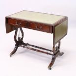 A REGENCY DESIGN MAHOGANY SOFA TABLE, with green leather inset top, two frieze drawers on lyre