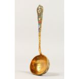 A GOOD RUSSIAN "FABERGE" STYLE SILVER GILT AND ENAMEL SIFTER SPOON. 6.5ins long.
