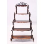 A VICTORIAN ROSEWOOD FIVE TIER WHAT-NOT, with pierced cresting and turned spindle supports. 4ft 6ins