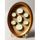 A SET OF SEVEN FRAMED AND GLAZED PLASTER MEDALLIONS.