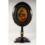 A GOOD VICTORIAN PAPIER MACHE, MOTHER-OF-PEARL AND GILDED OVAL TILT TOP TABLE, the top painted