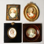 AN OVAL MINIATURE OF A LADY, in a gilt metal frame, and three other miniatures of ladies (4).