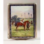 A GOOD CONTINENTAL SILVER CIGARETTE CASE, stamped GES GESCH, the lid with a horse and jockey.