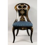 A VICTORIAN PAPIER MACHE, MOTHER-OF-PEARL AND GILDED SIDE CHAIR, with pierced back, cane work
