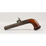 A SMALL 19TH CENTURY PERCUSSION PISTOL, with octagonal barrel and concealed trigger. 7ins long.