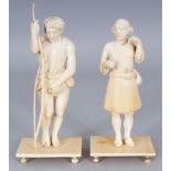 A PAIR OF GOOD QUALITY 19TH CENTURY INDIAN CARVED IVORY FIGURES, one holding a longbow, both mounted