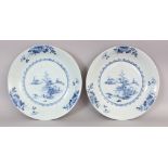 A SIMILAR PAIR OF 18TH CHINESE QIANLONG PERIOD BLUE & WHITE PORCELAIN DISHES, 11.2in diameter.