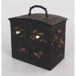 AN EARLY 20TH CENTURY JAPANESE GILT DECORATED BRONZED METAL TABLE CABINET, the three drawers