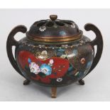 A SIGNED JAPANESE MEIJI PERIOD CLOISONNE TRIPOD KORO & COVER, the base with a maker’s mark, the