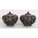 A PAIR OF JAPANESE MEIJI PERIOD LOBED CLOISONNE KOROS & COVERS, 4.9in wide at widest point & 4.5in