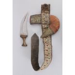 A South Arabian Dagger (Khanjar), 20th century, with wide curved blade, horn hilt and leather and