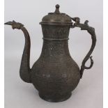 A Bronze Ewer, Kashmir, circa 1900, of bulbous form, with dense repouss vegetal decoration around