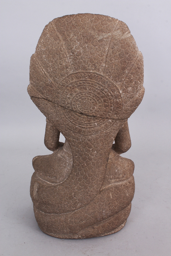 A Khmer Style Sandstone Figure of Buddha Seated under Mucalinda, seated in sattvasana on the - Image 3 of 6