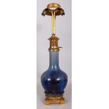 A GOOD 19TH CENTURY ORMOLU MOUNTED CHINESE FLAMBE GLAZED PORCELAIN VASE, fitted for electricity,