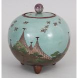 AN UNUSUAL JAPANESE MEIJI PERIOD CLOISONNE GLOBULAR TRIPOD JAR & COVER, decorated with birds in